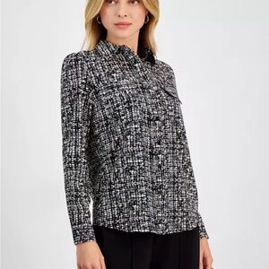 Bar III Women’s Abstract Print Shirt Blouse Size L  Collared Black White Pockets